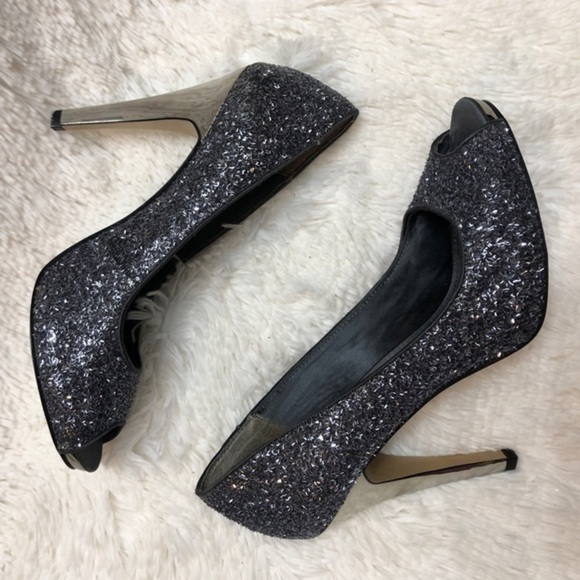 Nine West Silver Glitter Peep Toe Mirror Effect High Heels, 9 - Picture 4 of 11